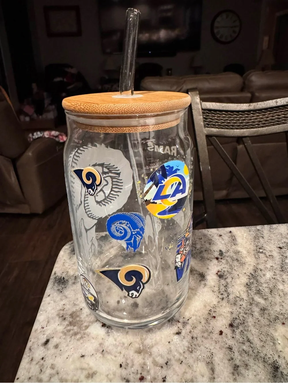 St. Louis Rams Glass Jar with Bamboo Lid - Clear with Yellow & Blue Logos